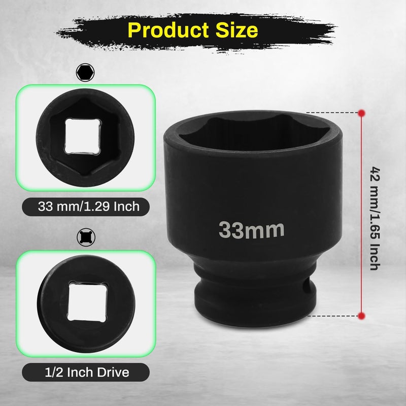 SUNKOO 1/2 Inch Drive 33mm Deep Impact Socket, CR-MO 6 Point Heavy Duty Metric Axle Nut Socket for Easy Removal of Axle and Wheel Hub Nuts - Image 2